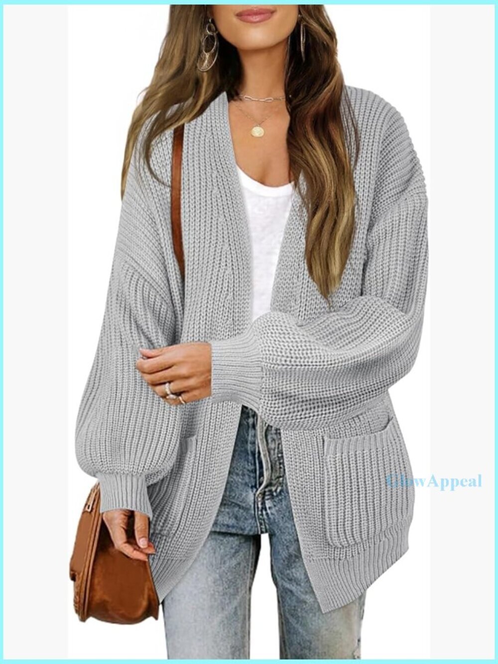Chunky Cardigan Sweater Lantern Sleeve Oversized Knit with Pockets